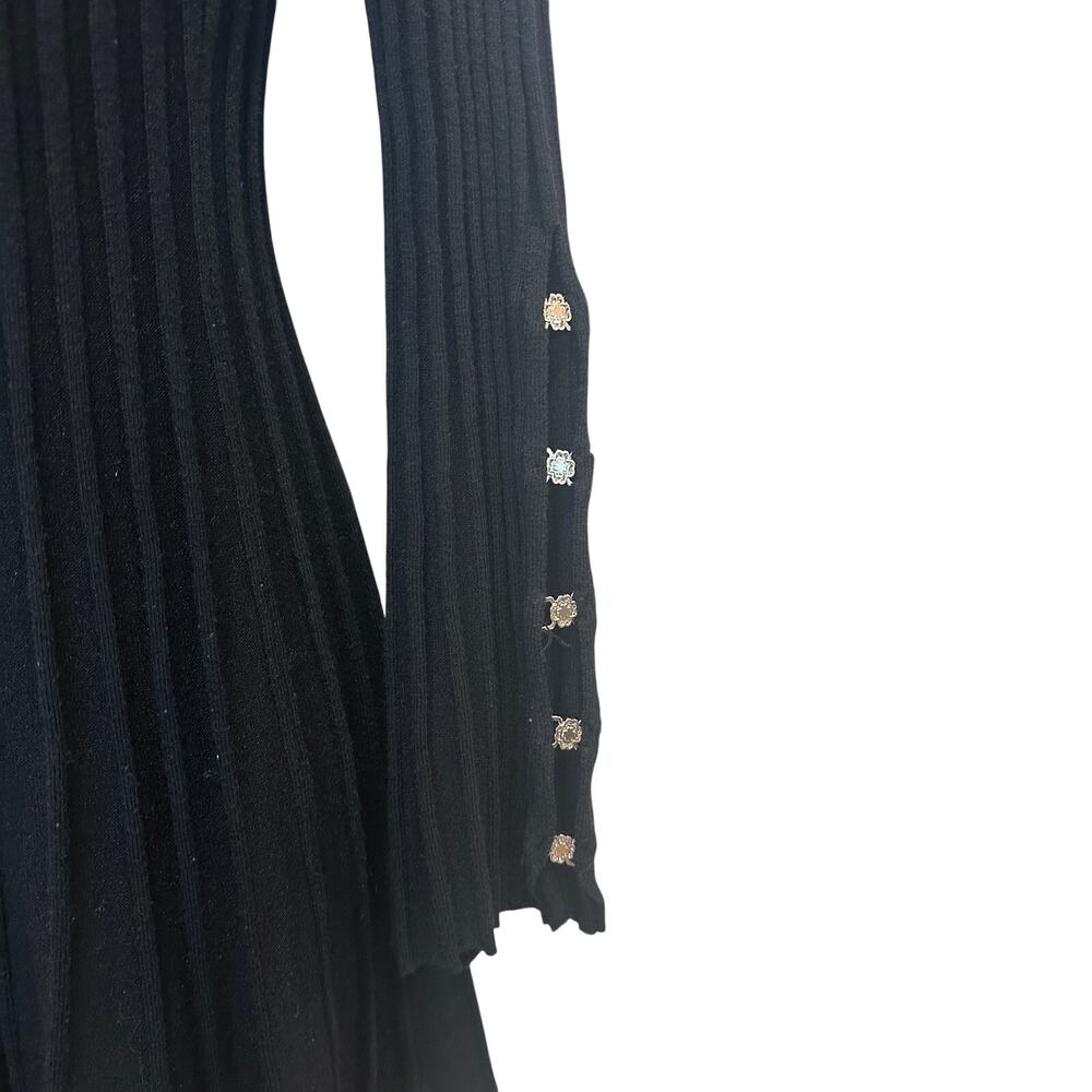 Maje Black Ribbed Knit Mini Dress SMALL Career Fit Flare Long Bell Sleeve $300 - Picture 5 of 11